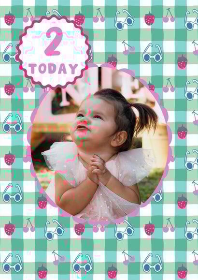 2 Today! Happy 2nd Birthday gingham photo card with strawberries and cherries created by Soph AC Studio
