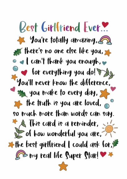 Heartfelt Anniversary/Valentine's Day Card - Best Girlfriend Ever - Poem created by And You Can Quote Me