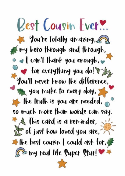 Heartfelt Thank You Card - Best Cousin Ever - Poem created by And You Can Quote Me