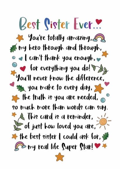 Heartfelt Thank You Card - Best Sister Ever - Poem created by And You Can Quote Me