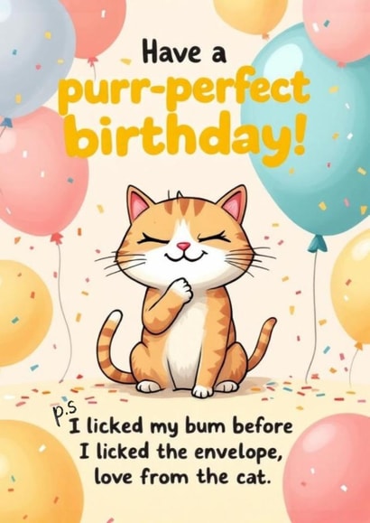 Funny Cat Birthday Card – “Purr-fect” – Humorous Greeting Card for Cat Lovers created by crystal boo creations