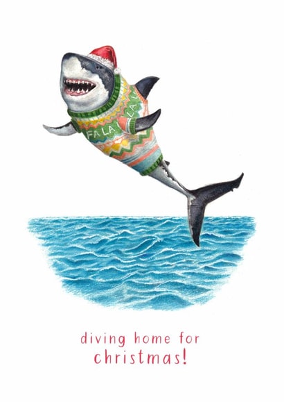 Funny Christmas Card - Diving Home For Christmas - Shark Pun created by Beth Goodwin