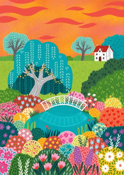 Lovely Floral Garden Pond Card - Colourful Bridge - Blank Art Card created by Pear Tree Press