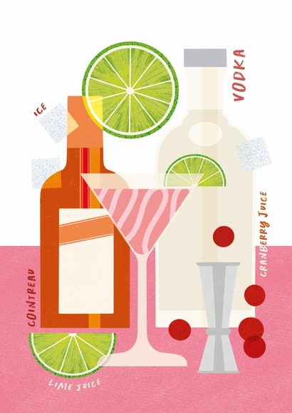 Fun Cocktail Birthday Card - Cosmopolitan Cocktail created by Joanne McGaffin