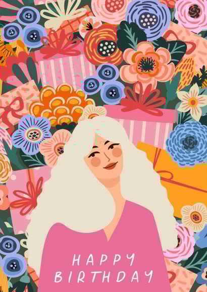 Pretty Birthday Card - For Her - Flowers & Gifts created by Sad Girl Illustration