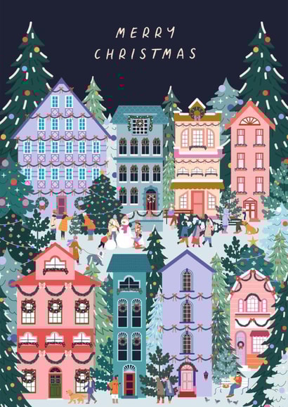 Classic Christmas Card - Festive Village - Decorated Houses created by Sad Girl Illustration
