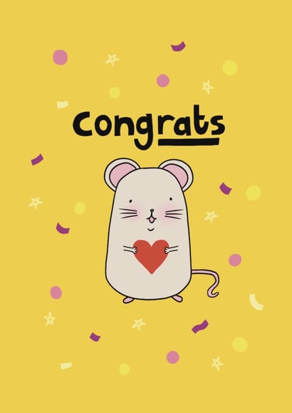 Cute congrats card with pun on rats, illustration with confetti and a heart created by Pomelo Illustrations