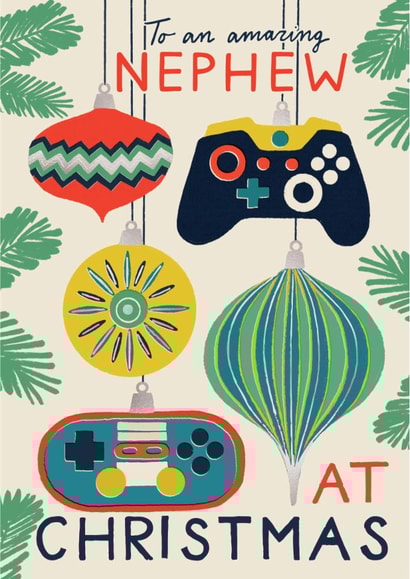 Classic Christmas Card - For Nephew - Gaming Controller Baubles created by Laura Darrington Design Ltd.