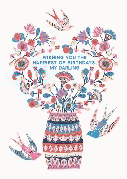 Pretty Birthday Card - Flower Heart - Swallow Birds created by THE PRINTED SQUARE STUDIO