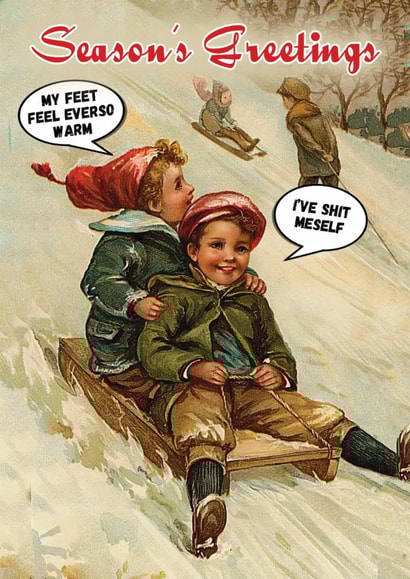 Funny Christmas Card - Vintage Kids Sledding - Shit Happens created by Go La La!