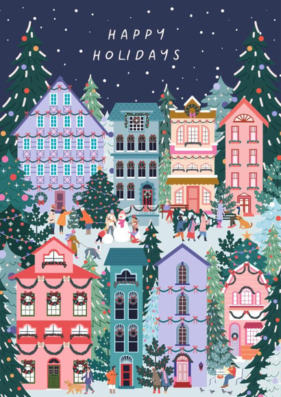 Classic Christmas Card - Festive Winter Village Scene - Snow And Christmas Trees created by Sad Girl Illustration