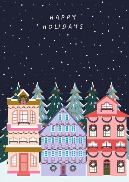 Classic Christmas Card - Happy Holidays - Festive Houses created by Sad Girl Illustration