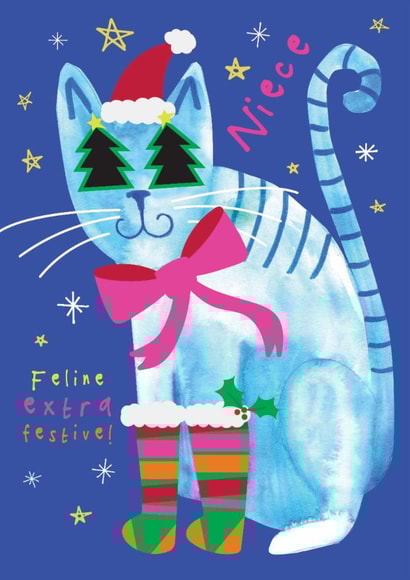 Cute Christmas Card - For Niece - Feline Extra Festive! - Cat created by Bow & Bell