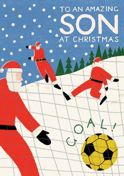 Classic Christmas Card - For Son - Santas Playing Football created by Laura Darrington Design Ltd.