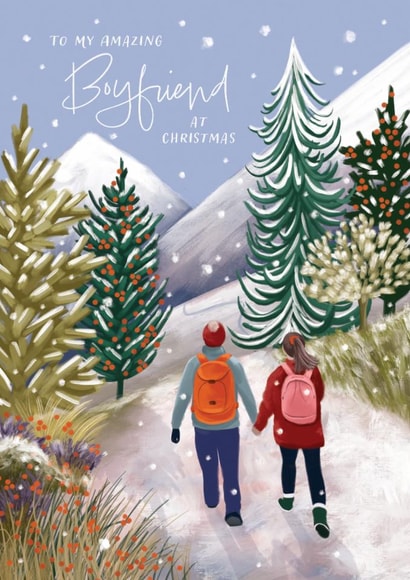 Classic Christmas Card - For Amazing Boyfriend - Snowy Hike created by Debbie Daley Illustrations