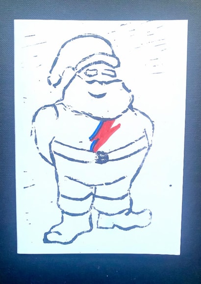 Ziggy Santa - Christmas Card for music lovers - had cut Lino print created by NanglePrints