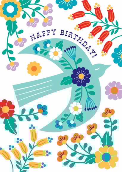 Pretty Birthday Card - Folk Blue Bird - Flowers created by Maggie Magoo Designs