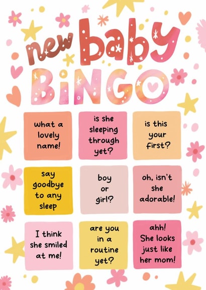 Cute New Baby Card - For New Parents - Baby Bingo - Girl Pink created by Aniet Illustration
