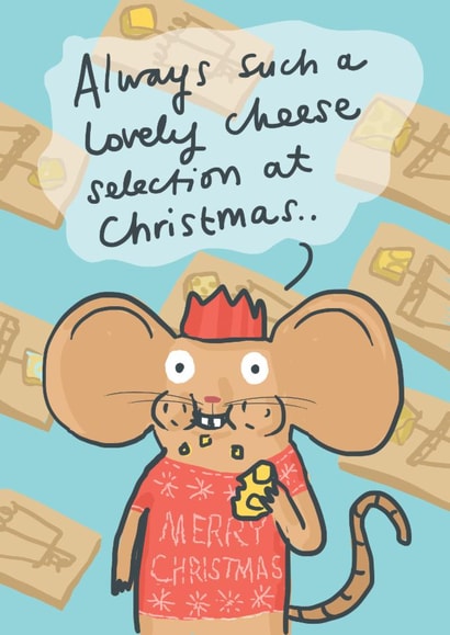 Funny Christmas card - Lovely Cheese Selection - Mouse Eating Cheese created by Sarah Ray