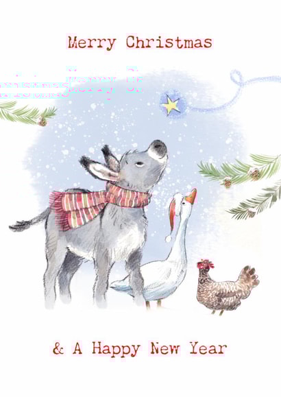 Traditional Christmas Card - Donkey, Goose And Hen - Woodland created by Paper Shed Design