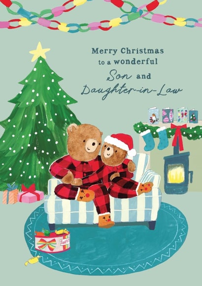 Cute Christmas Card - For Son And Daughter-In-Law - Cosy Festive Bears created by Holly Fox