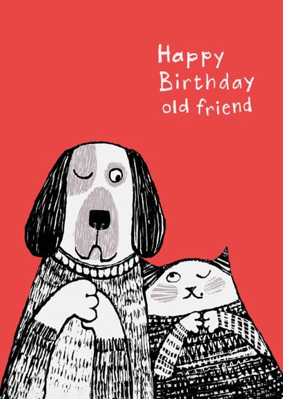 Cute Birthday Card - Old Friend - Dog & Cat created by Paper Bird