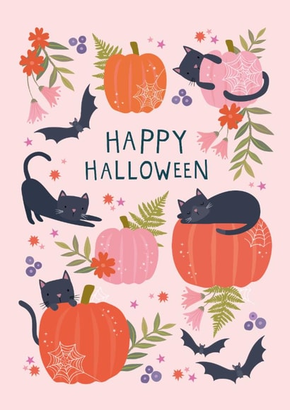 Cute Halloween Card - Happy Halloween - Cats & Pumpkins created by Klara Hawkins