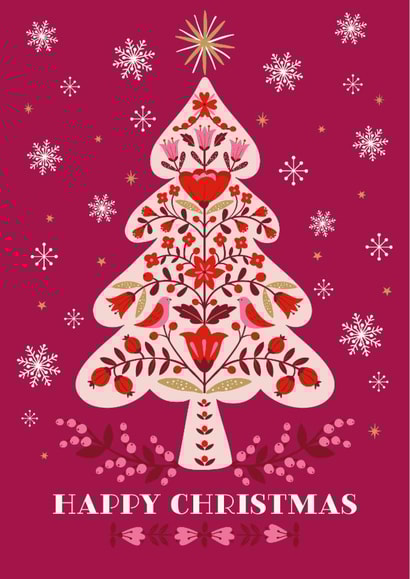Classic Christmas Card - Scandinavian Folk Art Christmas Tree - Snowflakes created by Nina Raby - Jones