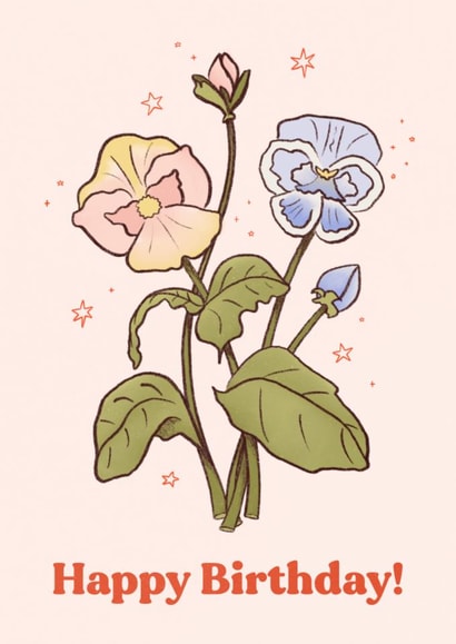 Pansies Birthday Card – Cute Whimsical Floral Happy Birthday for Mum or Friend created by Rebekah Klimuck