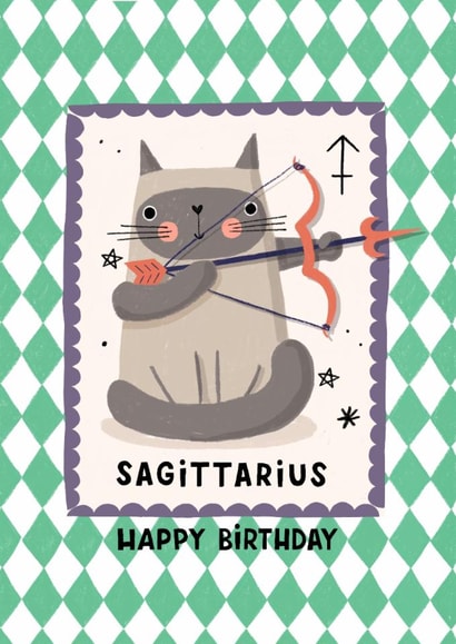 Cute Birthday Card - Sagittarius - Cat created by Nicola Watson