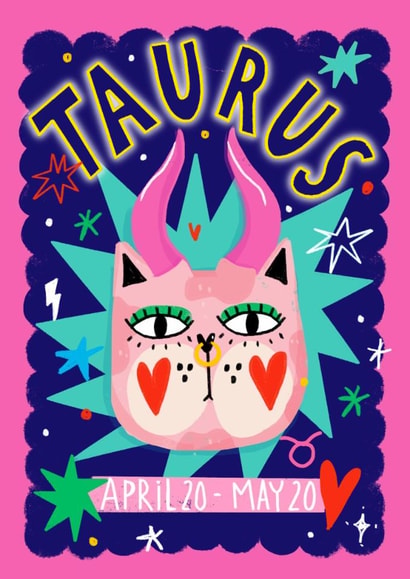 Arty Birthday Card - Taurus - Cat created by NICHOLA COWDERY ILLUSTRATIONS