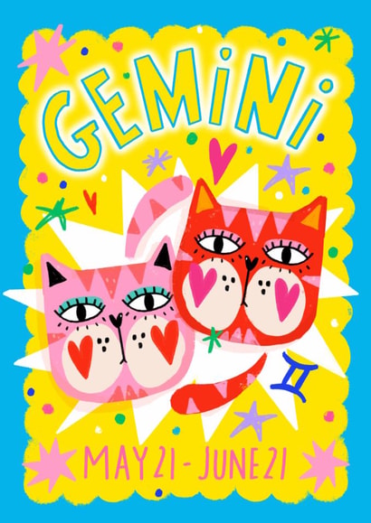 Arty Birthday Card - Gemini - Cats created by NICHOLA COWDERY ILLUSTRATIONS 