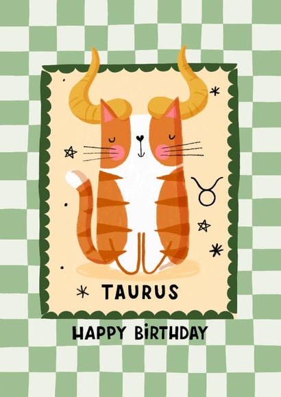 Cute Birthday Card - Taurus - The Bull - Cat Themed created by Nicola Watson