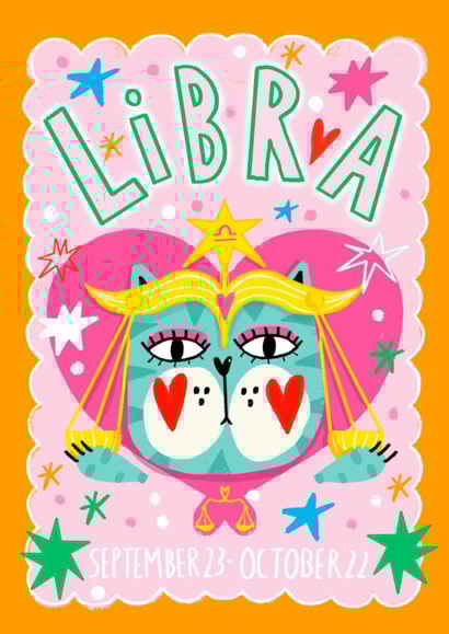 Arty Birthday Card - Libra Zodiac - Cat created by NICHOLA COWDERY ILLUSTRATIONS 