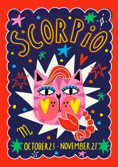 Arty Birthday Card - Scorpio Zodiac - Cat created by NICHOLA COWDERY ILLUSTRATIONS 