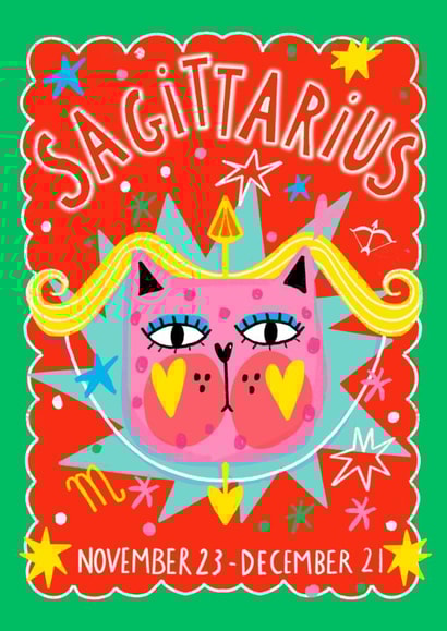 Arty Birthday Card - Sagittarius Zodiac - Cat created by NICHOLA COWDERY ILLUSTRATIONS