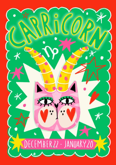 Arty Birthday Card - Capricorn Zodiac - Cat created by NICHOLA COWDERY ILLUSTRATIONS 