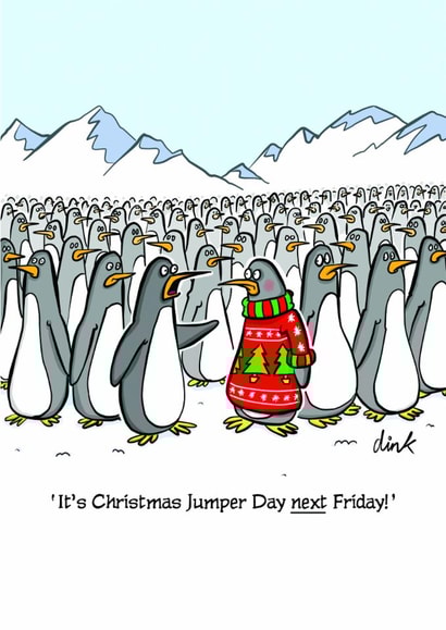 A funny Penguin Christmas card about Christmas Jumper Day created by Chris Williams