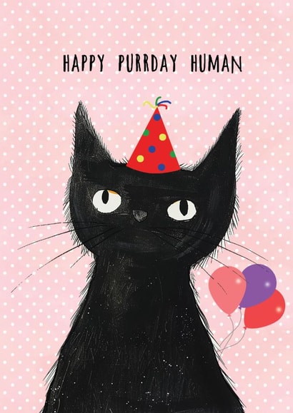 cute birthday card from the cat with black cat in party hat and balloons created by OurFriendsEclectic