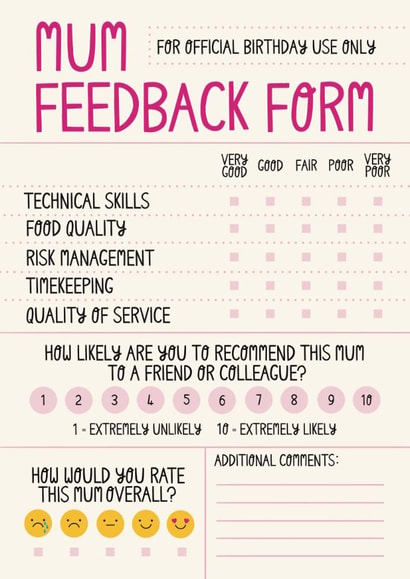 Funny Birthday Card - For Mum - Annual Performance Feedback Form created by Christine Cuddihy Illustration