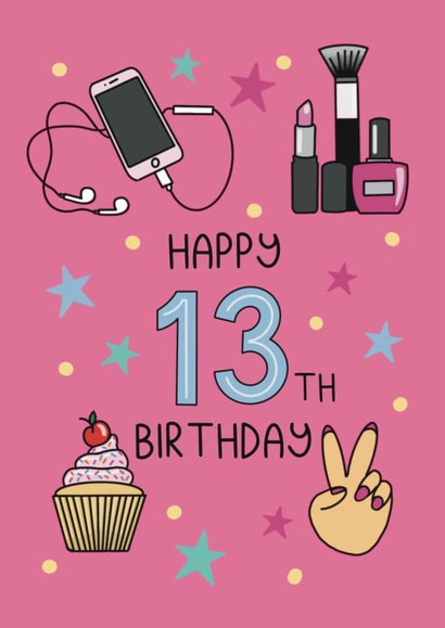 Cute 13th Birthday Card - For Her - Girly Illustrations created by Schnauzer Scribbles