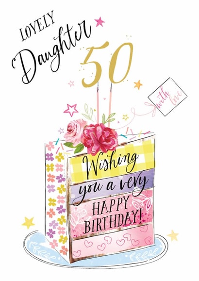Traditional 50th Birthday Card - For Lovely Daughter - Cake created by Katie Phythian Design