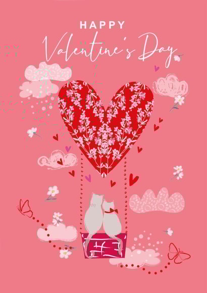 Cute Valentine's Day Card - Cuddling Cats - Floral Love Heart Hot Air Balloon created by SABIVO Design by Sabina