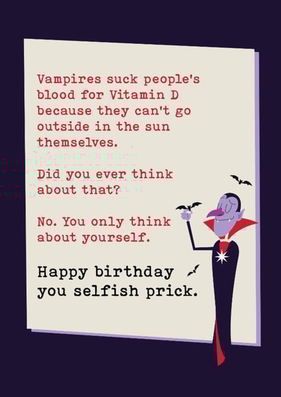 Funny Vampire Birthday Card – Cheeky, Dark Humour for a good friend created by Tainted Genie