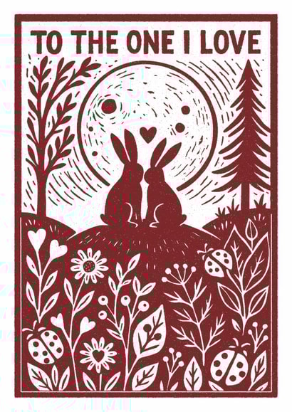 Valentine’s Day Card – To The One I Love – Linograph Rabbits and Moon Design created by The Merry Giraffe