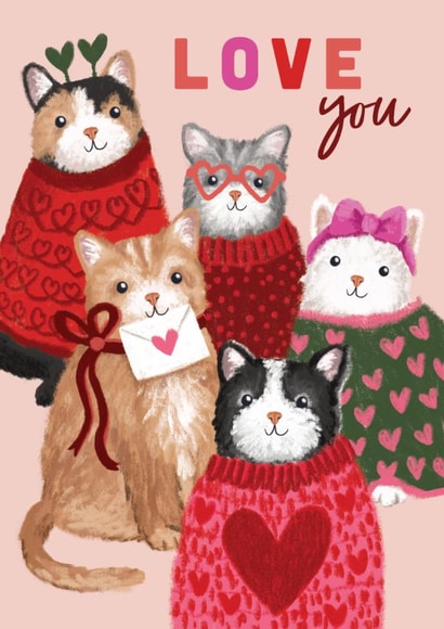 Cute Valentine's Day/Anniversary Card - Love You - Cats In Jumpers created by Debbie Daley Illustrations