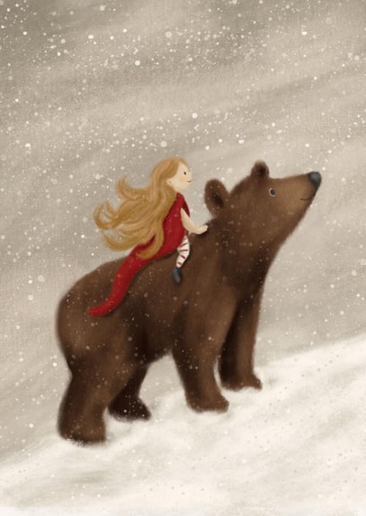 Cute Christmas Card - Bear And Girl - Snowing created by Jo Couch