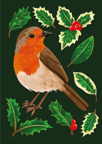Festive Christmas Card - Cute Robin & Holly For Friends & Family - Merry Xmas created by Featherkissed