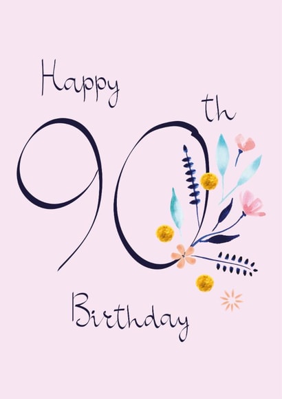 Classic 90th Birthday Card - For Her - Pretty Peach Flowers & Mint Botanicals created by SABIVO Design by Sabina