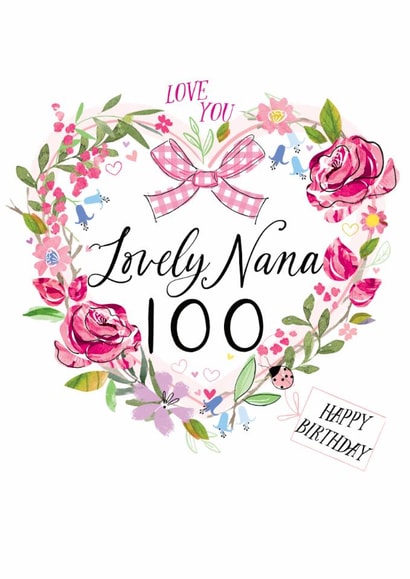 Traditional 100th Birthday Card - For Nana - Floral Heart created by Katie Phythian Design